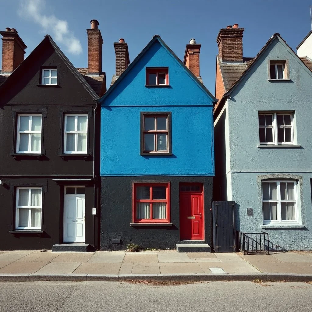 Fotografia di strada assurda e falsa orripilante blu weirdcore dai colori vivaci. Yves Tanguy. Non luogo falso, inusuale. Max Ernst. Le case sono false e dipinte di nero chiaro con cose stilizzate e dettagli. Ci sono finestrelle false quadrate, che danno un senso distopico e molto surreale, disposte in modo casuale. L'atmosfera generale sembra noiosa e onirica, con un contrasto tra elementi reali ed elementi dipinti falsi, René Magritte, oddest things