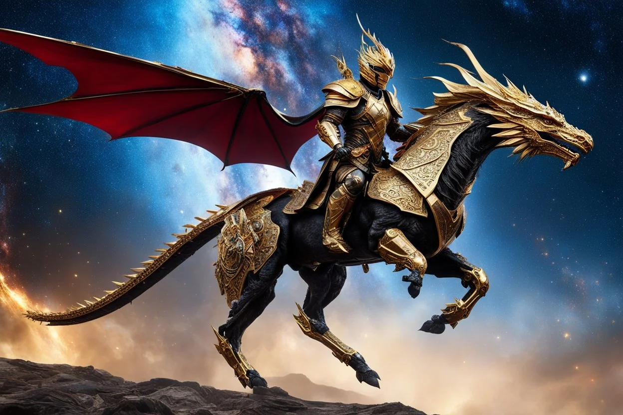 Full body photography of King Cyborg army, riding a flying dragon in the sky, using luxurious battle armor design, made of black and gold metal plates, metal crafts with radiant diamond luster, on the outer surface luxury decoration of very small diamond stones, red diamond stones, Milky Way galaxy background