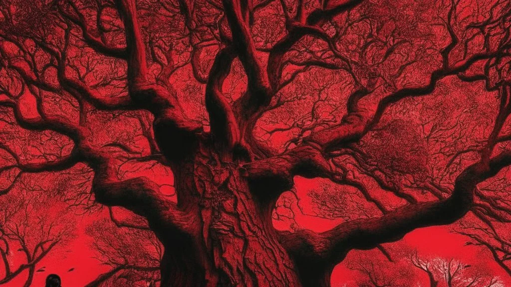 red tree, highly detailed, beautiful desktop wallpaper, comic style, many human faces on tree