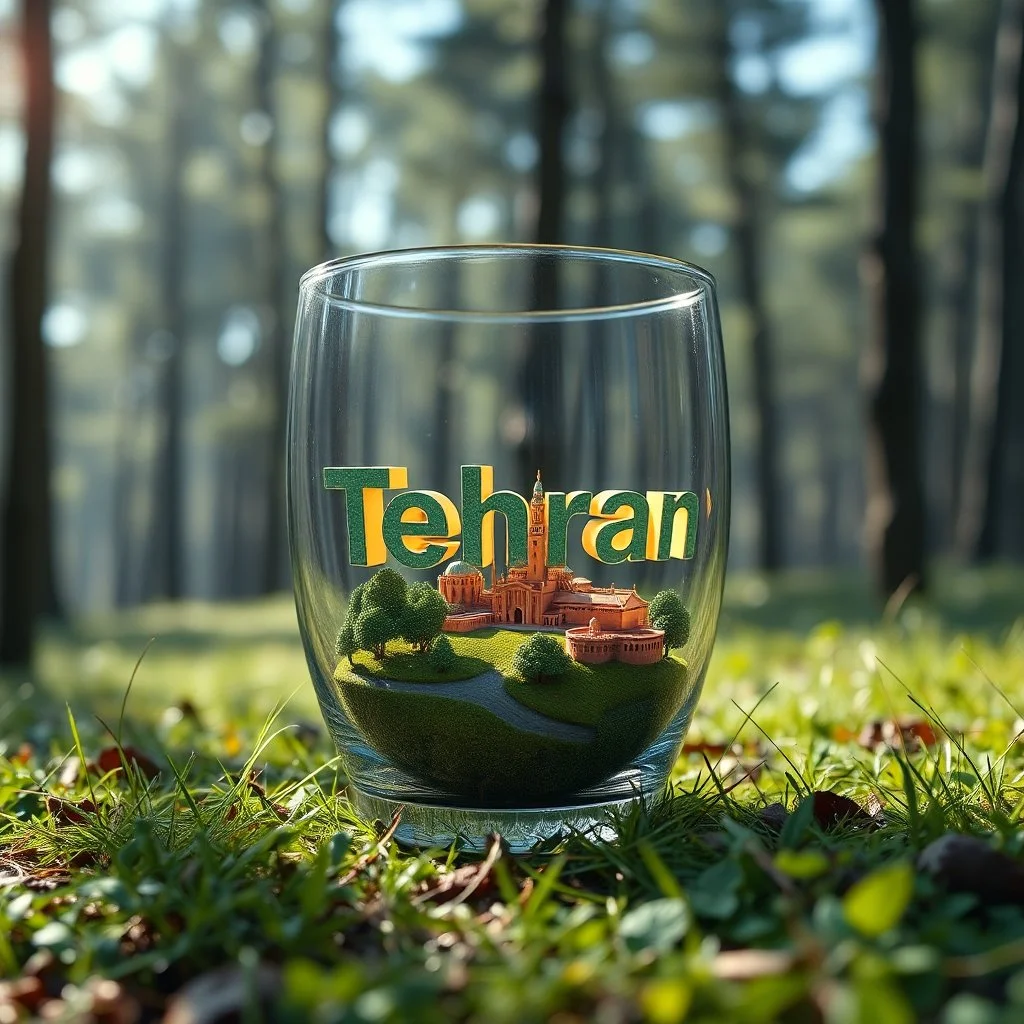 Create hyper-realistic photo of a glass tumbler in a wild forest. Inside, a miniature [Tehran] with landmarks. A trasparrent 3D text of [Tehran] blends naturally into the landscape . Soft bright daylight, reflections, and subtle imperfections like fingerprints. DSLR quality, sharp focus.
