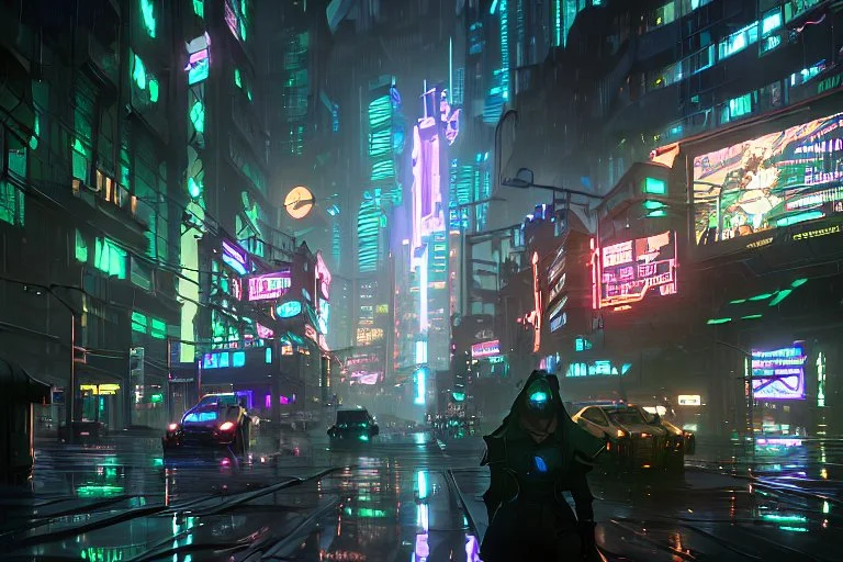 Cyberpunk district with giant foggy skyscarpers, cars, FoV: 100, HD, Unreal Engine 4, heavy rain, rainy streets reflection, neon signs, low contrast, grainy, less color, titanfall,