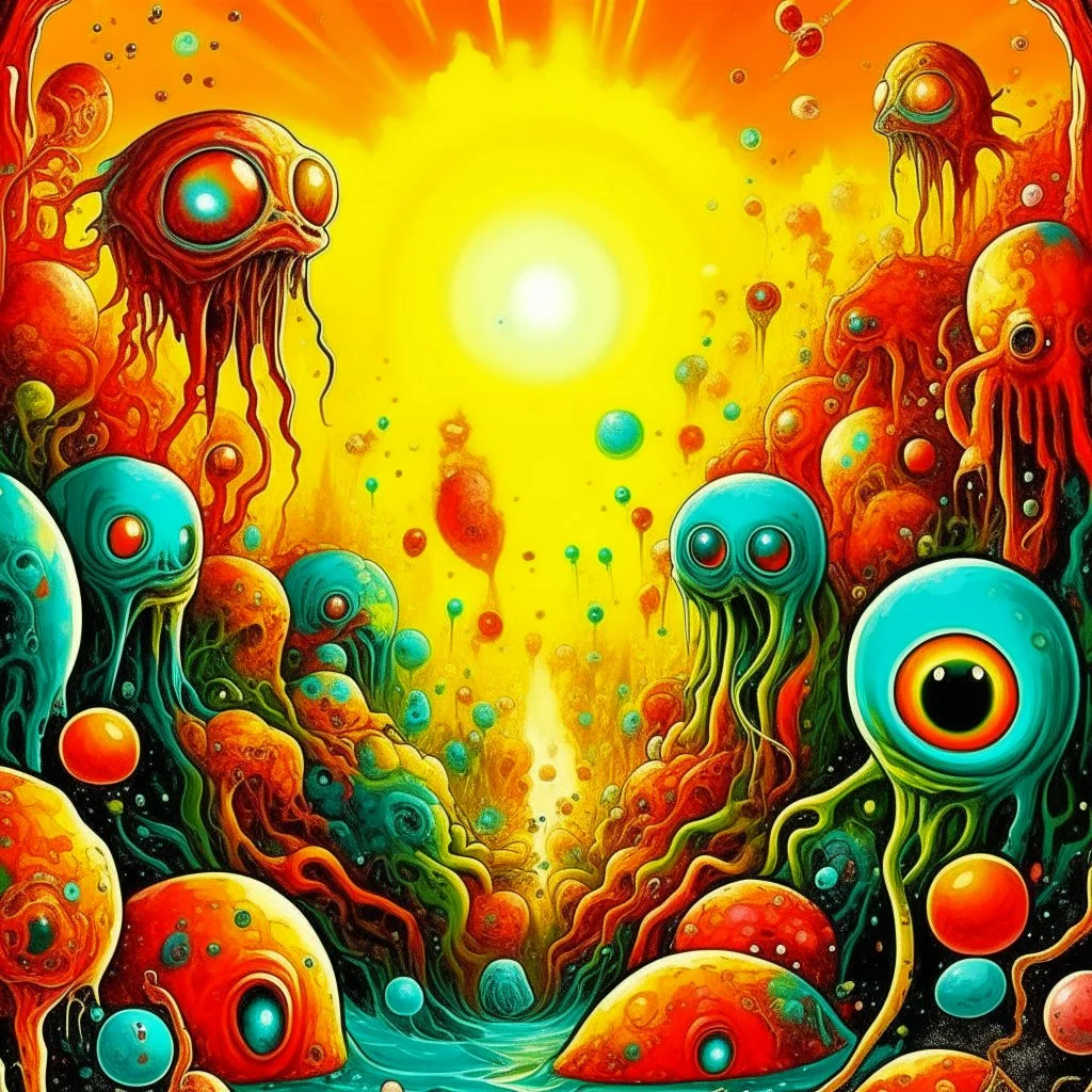 a high definition screen shot of a ancient comic book cover detailing the creatures found on other worlds, retrofuturistic, phototrealism, Macabre Rapture End of days Revelation scene, isanely detailed matte oil painting, sinner apotheosis,diagonal composition, unbalanced, abstract surreal horror, eerie, scary warm a colorful splash of steampunk bubbles , amazing splashscreen artwork, photoshop water art, liquid painting, swirling paint colors, ink splash, physics splashes of colors, colorful sw