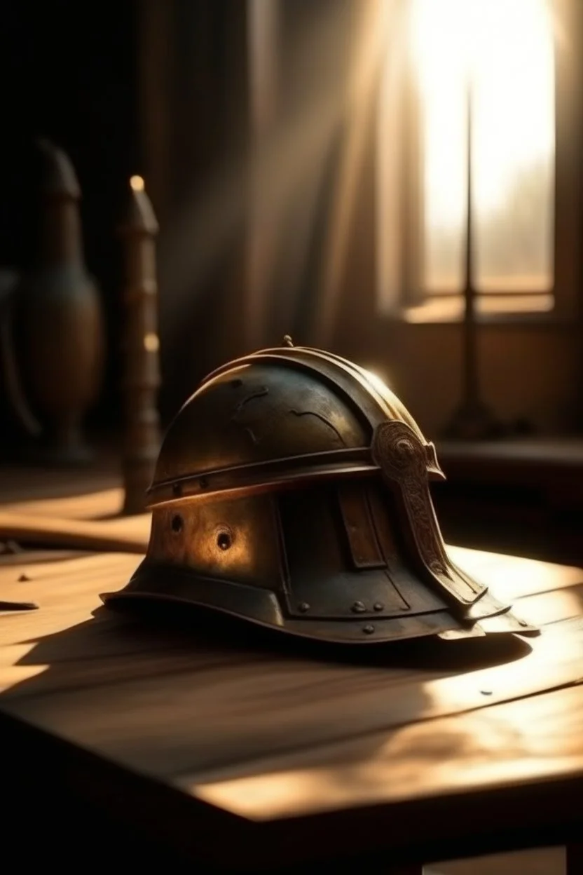 The Roman centurion's helmet lies on an old cracked wooden table. Next to it on the table is a cross on a string and a scroll of parchment. A ray of sunlight reflects off the helmet. All around is the entourage of ancient Rome. High quality image in 8K