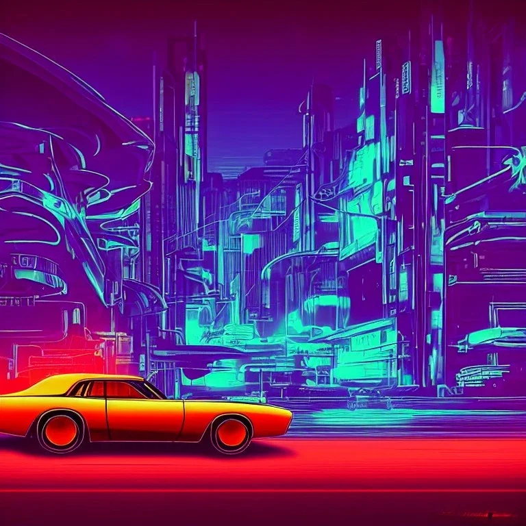 art deco, cyberpunk, neon muscle car, desert road, sunset, full colour, hd,