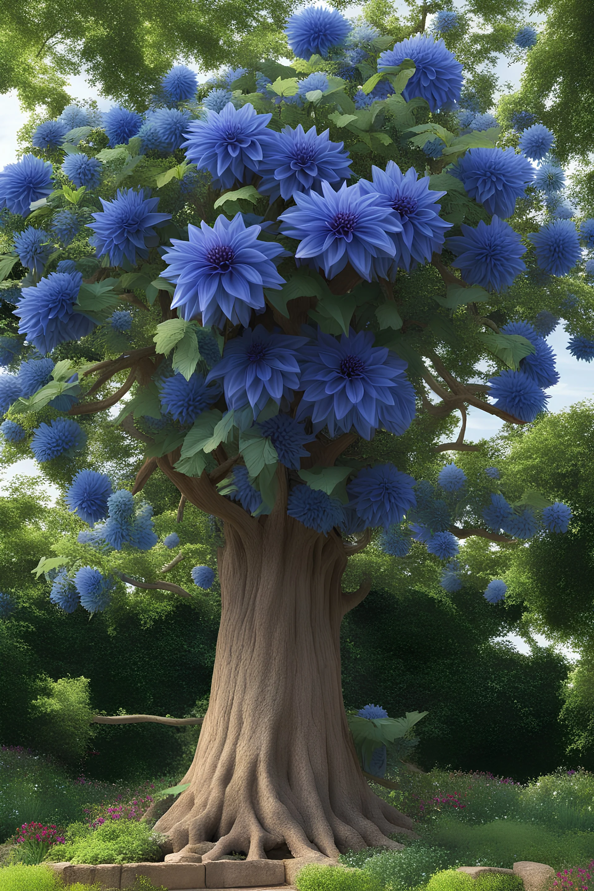 enormous dahlia tree, tree higher than forest, blue dahlia