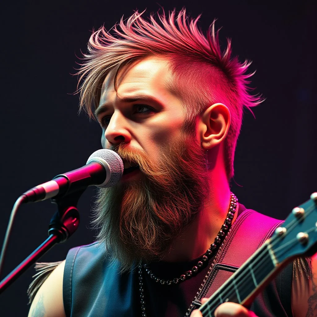 short haired bearded rockstar human bard 80s fantasy