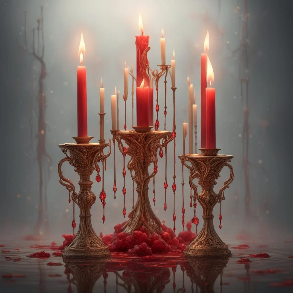 Red candles on a three-armed gold candlestick, dripping wax. Illustrative art, art interpretation, concept art, cgsociety contest winner, seasonal art, seasonal art HD, 4k, 8k, intricate, detailed, intricately detailed, luminous, translucent fantasy crystal, holographic data, soft body, shadow play, light, fog, atmospheric, cinematic, light film, hyper-detailed, hyper-realistic, masterpiece, atmospheric, high resolution, 8k, HDR, 500px, mysterious and artistic digital art, phototic, intricate, f