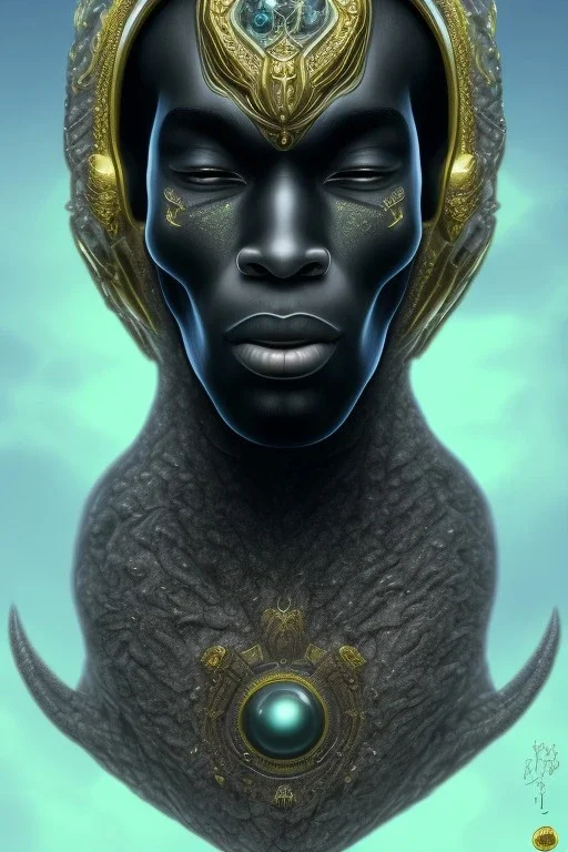 black male African alien, cracks in the head, wicked, Asian eyes, crown, blood, 8k, finely detailed, photo realistic, Boris Vallejo style turquoise skull head gold dragon space alien rain skeleton gold tooth silver helmet silver space suit spaceships