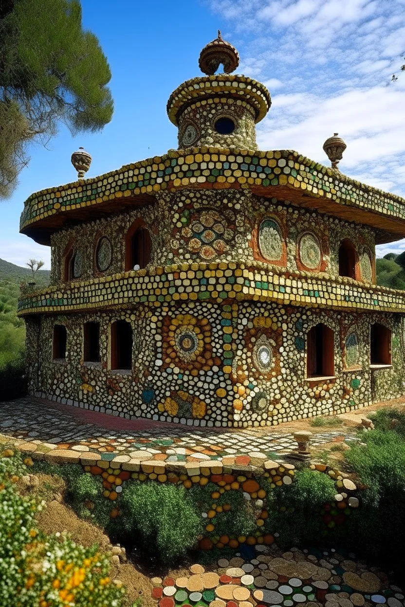 A brown palace on a mountain designed in ancient Greek mosaics painted by Max Ernst