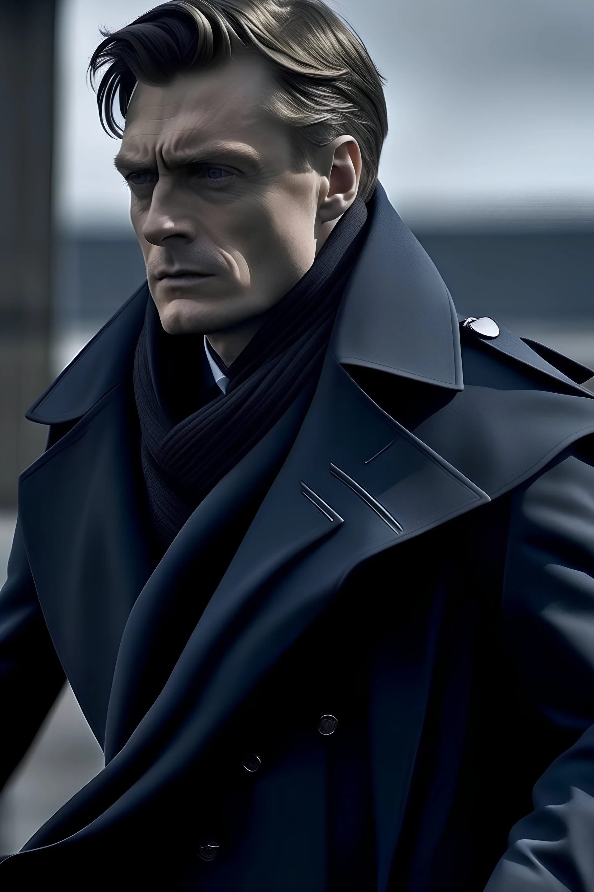 Medium hair Length, slicked back hair, Dressed in a fitted, dark-blue trench coat, A sleek, silver-lined scarf flutters in the wind. Sniper on his back, man