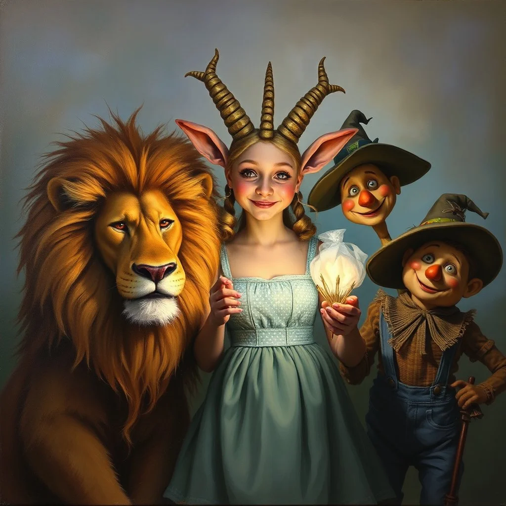 action painting, painterly oil painting, subdued lighting, of a Dorethee from the Wizard of Oz together with the lion and the scarecrow