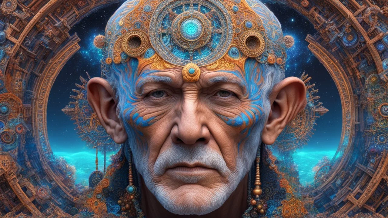 3D symmetrical rendering of an enigmatic expressively detailed and intricate, hyperrealistic dreamscape old man: symmetric, front view, colorful paint, tribalism, steampunk, shamanism, cosmic fractals, dystopia, telepathy, 8k, high-resolution, realistic, surrealistic, v-ray,quixel megascans render, sintane render, dramatic volumetric lighting exquisite composition, beautiful detailed intricate detailed octane render, artistic photography, photorealistic, perfect light, chiaroscuro