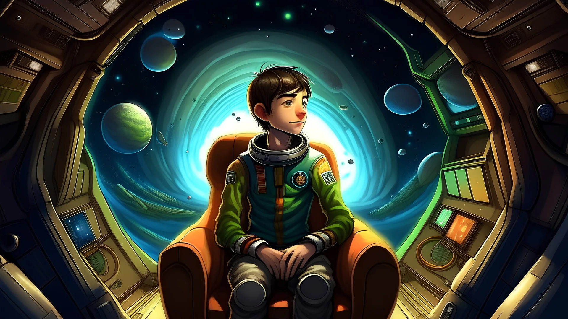 "Embark on an Extraterrestrial Odyssey: The Adventures of a Student-Clad Explorer Seated in a Spacecraft" Join the journey of a young man dressed in student attire as he sits on a chair inside a spacecraft hurtling through the cosmos. Describe the anticipation and excitement on his face as he gazes out into the vastness of space, the Earth shrinking in the distance. Explore the mix of emotions – curiosity, awe, and perhaps a hint of trepidation – as he prepares for an interstellar adventure bey