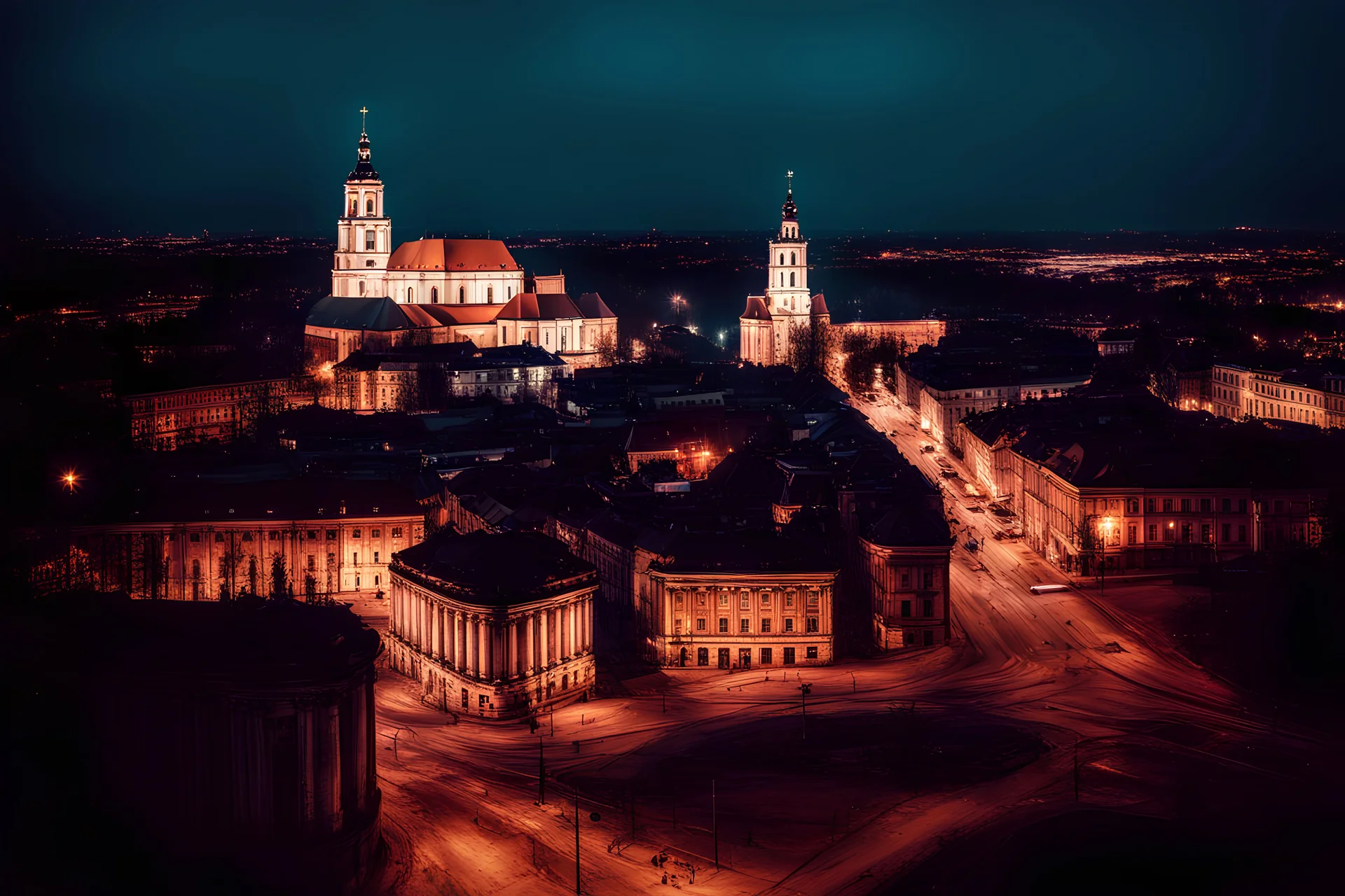 Vilnius city panorama. Polaroid style photography with flash. Vintage style of picture. Film photography style. Kodak portra medium format. Wide angle lens photo.