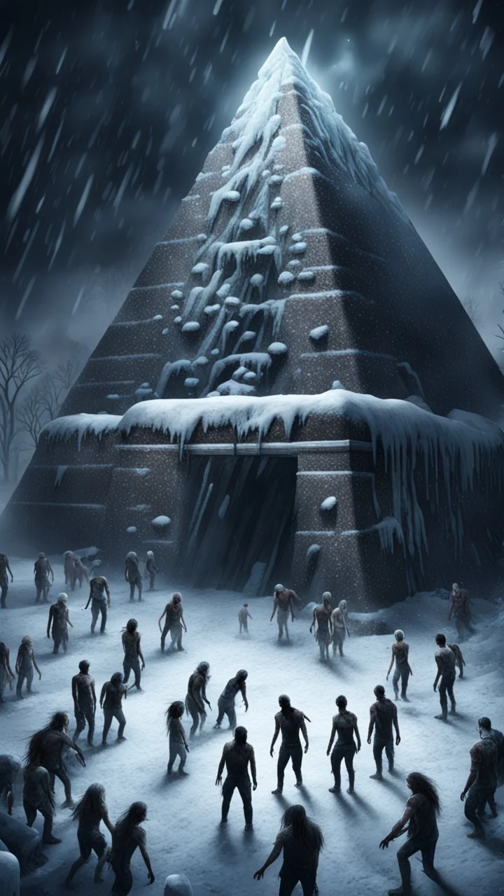 Hyper Realistic areal view of zombies outside a frozen pyramid at dark snowfall night