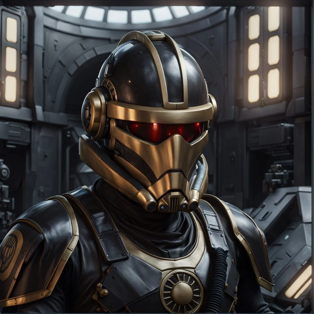 star wars bald male corellian pilot wearing pearlescent black and gunmetal grey First Order special forces heavy assault stealth commando armor and helmet with gold trim inside the jedi temple, hyperdetailed, dynamic lighting, hyperdetailed background, 8k resolution, volumetric lighting, light skin, fully symmetric details