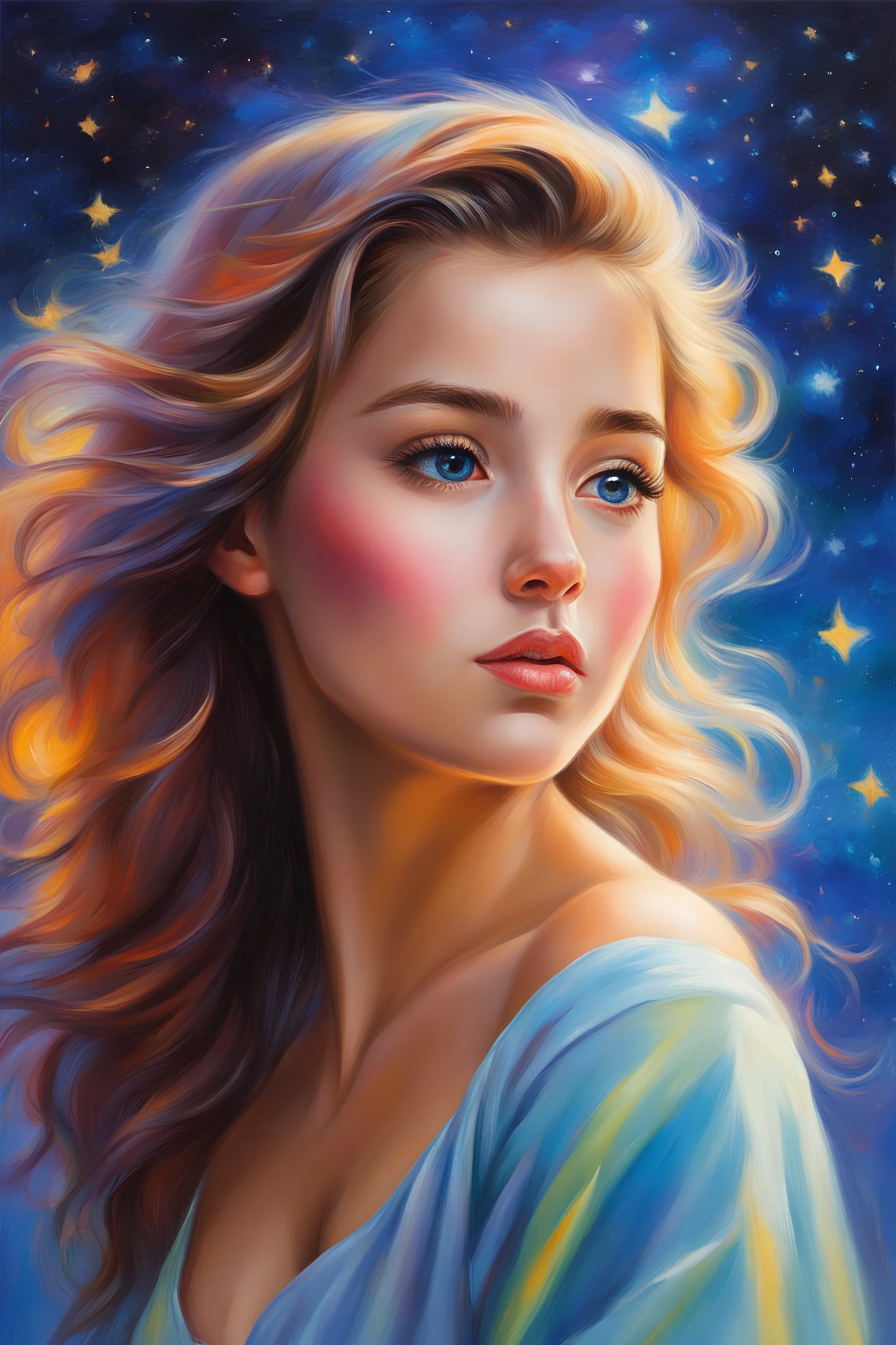 Masterpiece, best quality, oil pastel style, oil pastel painting, beautiful lovely eyes, cute, full body view, painted by Vladimir Volegov, very detailed, high quality, 4k. Cute girl looks at the stars glowing, bright light hair, beautiful lovely eyes, beautiful night sky and glowing, she has enough strong imagination, fantasy and colorful world, vibrant colors.