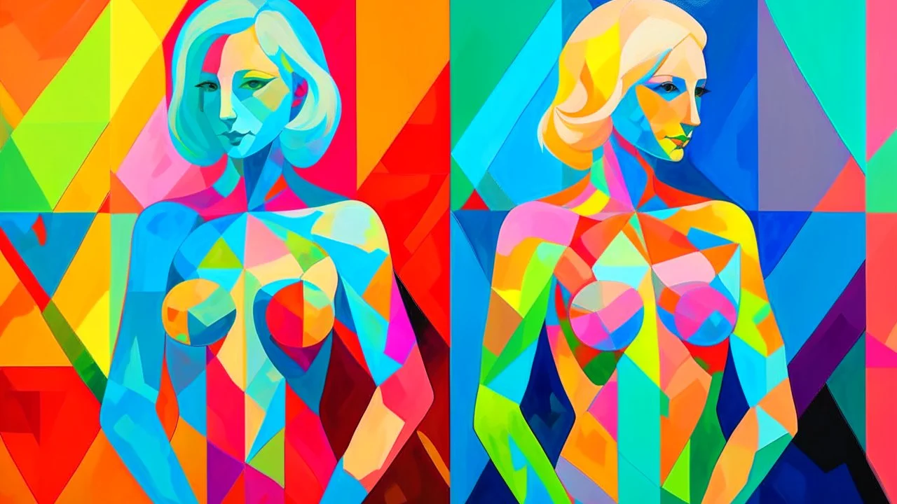 Abstract painting featuring two full-length women, each with multiple facial features, against a background of bold, geometric color blocks. The woman on the left has blonde hair and peachy skin, with her body colored in vibrant shades of pink and green. The woman on the right has blue skin and an orange body, with darker blue hair. The color palette includes yellow, blue, pink, green, orange, purple, and white, in varying intensities, creating a visually striking contrast. The painting employs