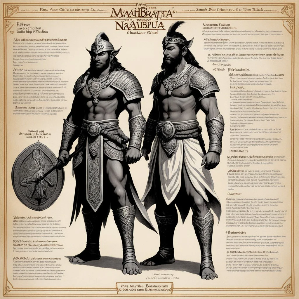 character concept sheet with AD&D statistics and characteristics, [high res photo by Ray Harryhausen for Mahābhārata module B3] a character of Pāṇḍavas class of King: Nakula — Son of the Aśvins (Twin Gods of Healing and Beauty) Epithets: Ashvineya, Madreya (son of Madri) Qualities: Known for beauty, grace, and skill in horse-keeping. Embodies refinement, modesty, and loyalty. Also skilled in swordsmanship. Symbolic trait: The ideal of harmony and aesthetic balance. Weapon: Sword. Special gift: I