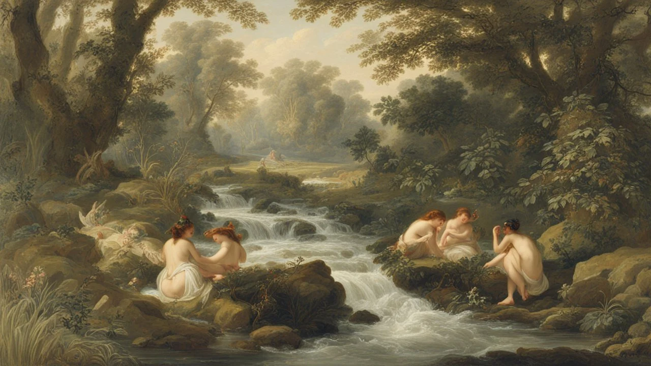 Nymphs sitting next to a stream, in a woodland clearing