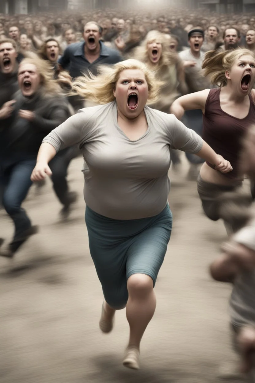 an obese terrified blonde woman running away from an angry mob of hundreds chasing behind her