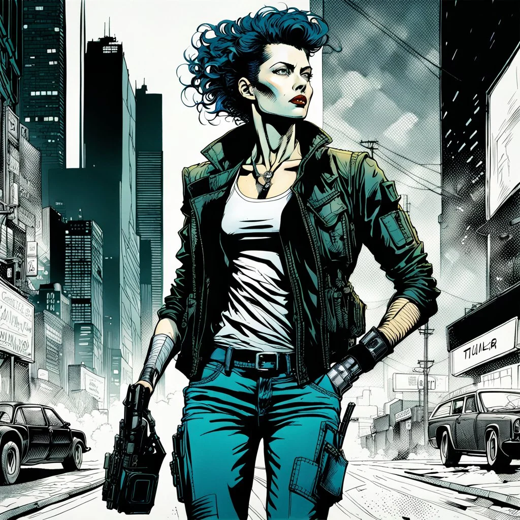 create a film noir full body portrait illustration of an athletic cyberpunk female private detective with prosthetic arm in flak vest, with highly detailed , sharply defined feminine facial features, in a chaotic, turbulent, otherworldly Tokyo in the comic art style of FRANK MILLER, ALBERTO BRECCIA, BILL SIENKIEWICZ and JEAN GIRAUD MOEBIUS, , precisely drawn, inked, with dramatic edges, chiaroscuro in stark black and white