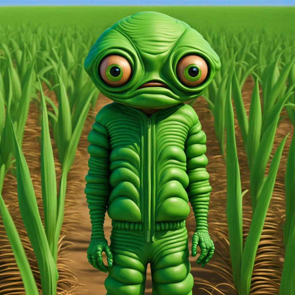 full body portrait of whimsical detailed photorealistic extra-terrestrial alien baseball player coming out of a cornfield, colorful whimsical quirky green bug-eyed Aliens by Moebius wearing baseball uniforms; by Tim Burton, cinematic lighting : perfect anatomy : perfect gear : extraordinarily_detailed