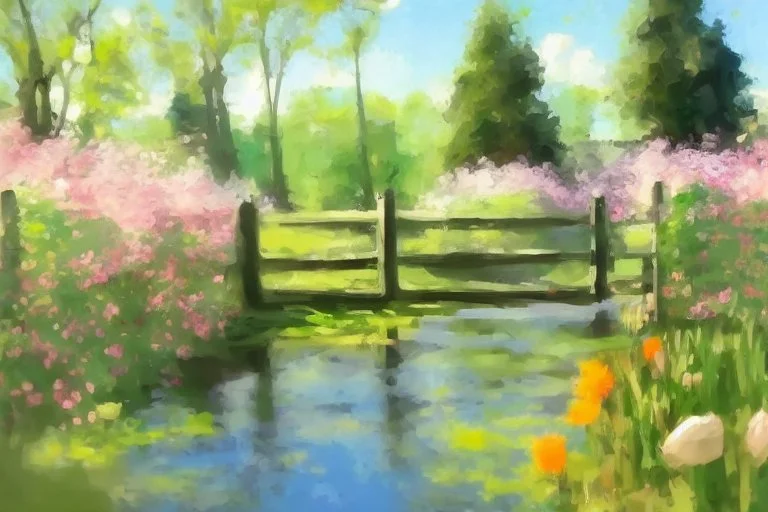 amazing sunny spring day, trees, flowers, fence, little pond, lesser ury impressionsim painting