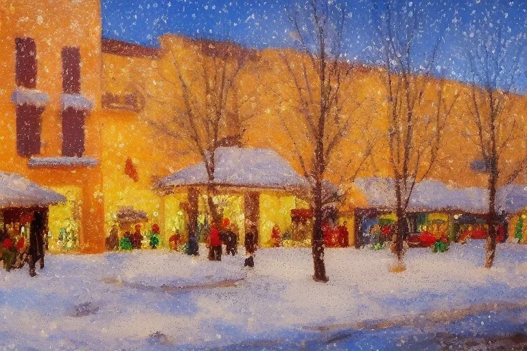 impressionist painting of a christmas scene in Santa Fe, New Mexico