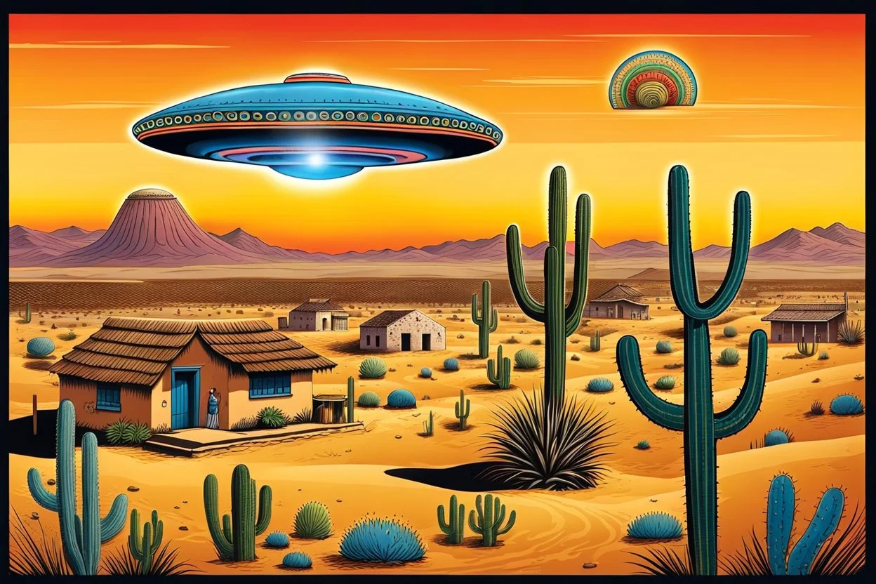 a giant mexican sombrero-shaped ufo in the blue sky above an old authentic mexican village, some mexican villagers look in wonder at the ufo in the sky, in the distance desert and cacti, sparse grass, vibrant colors, psychedelic, very detailed, cinematic