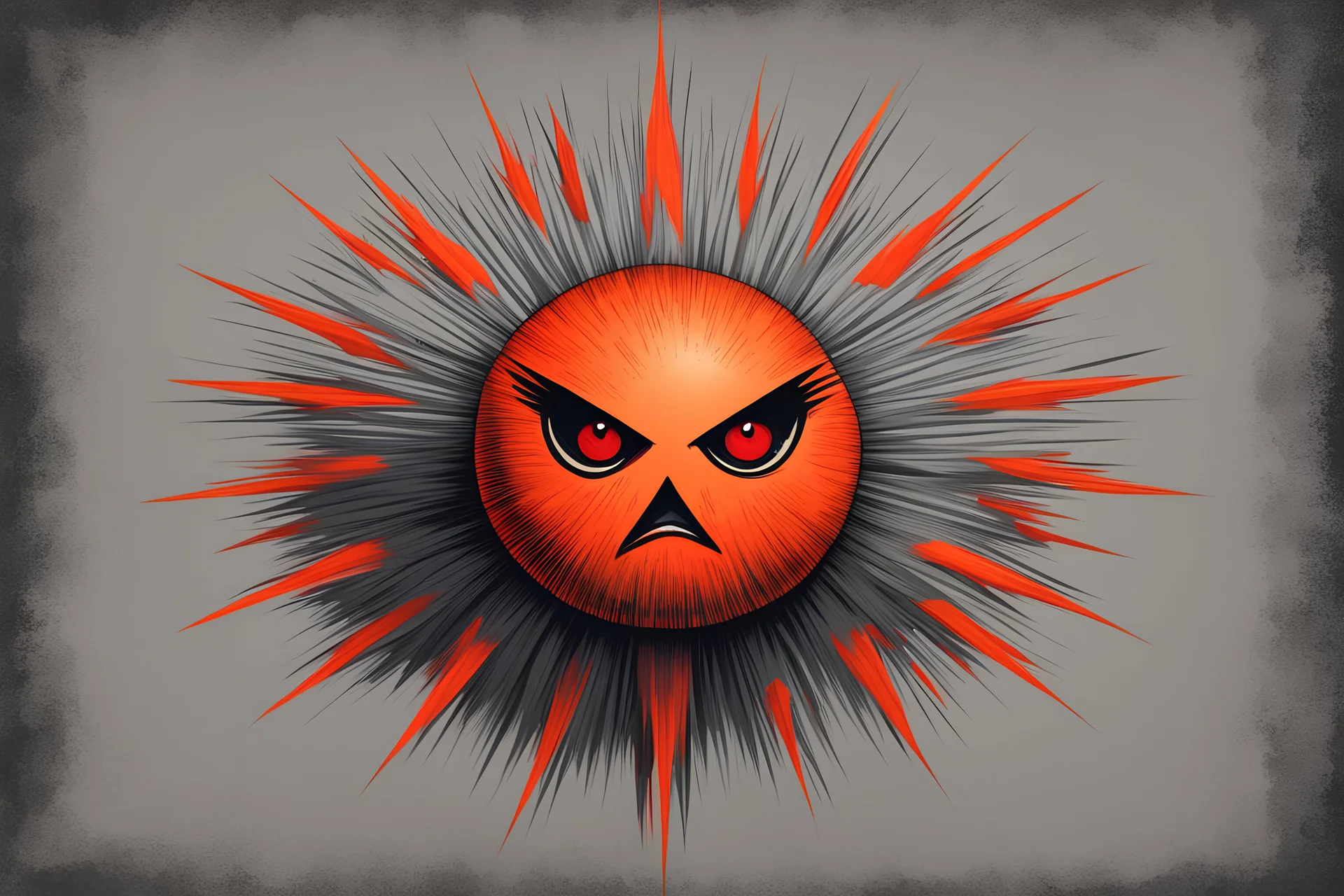 fuzzy orange ball with red eyes and a giant gray spike in shepard fairey art style