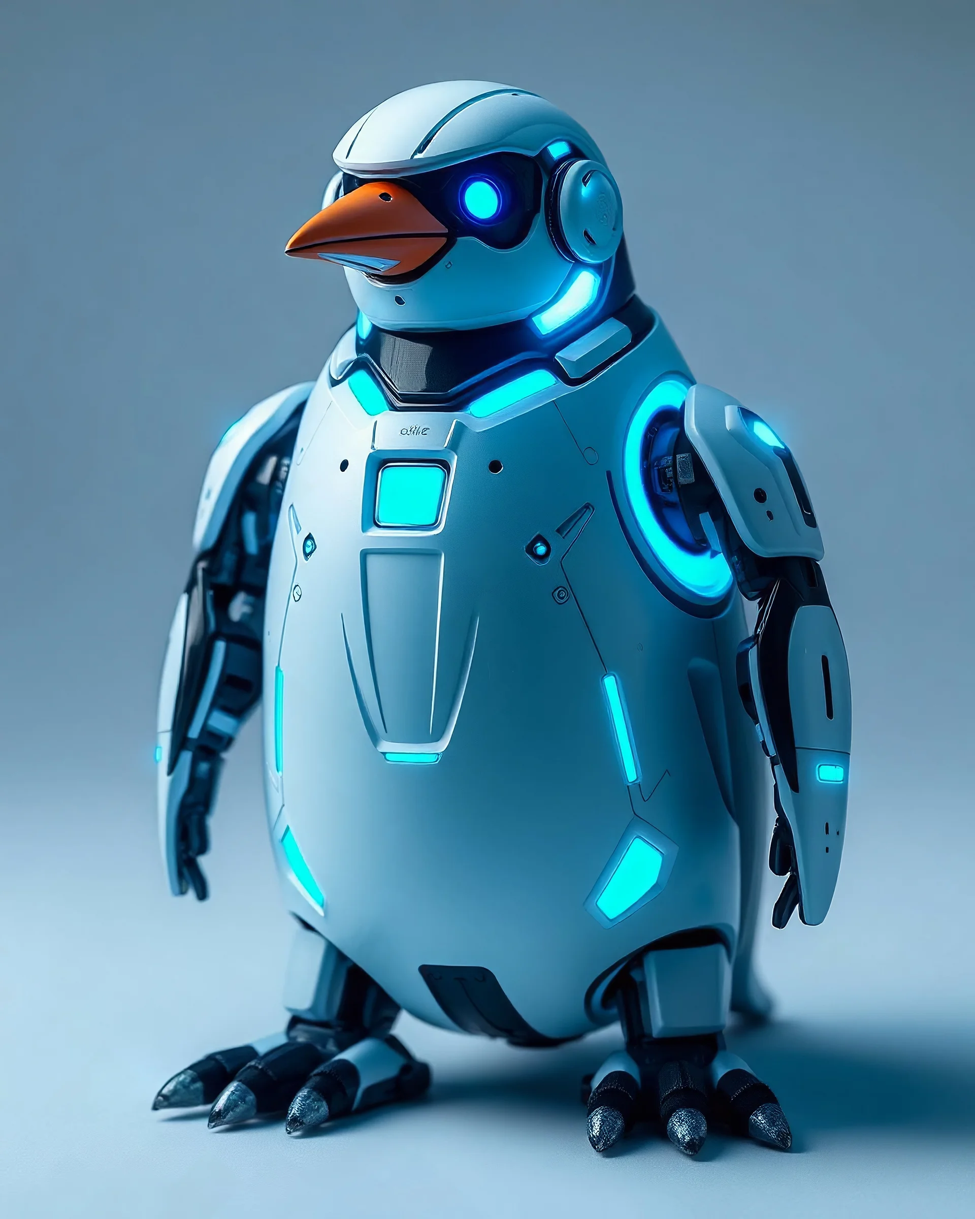 A futuristic robot penguin with icy blue lighting effects in humanoid form.