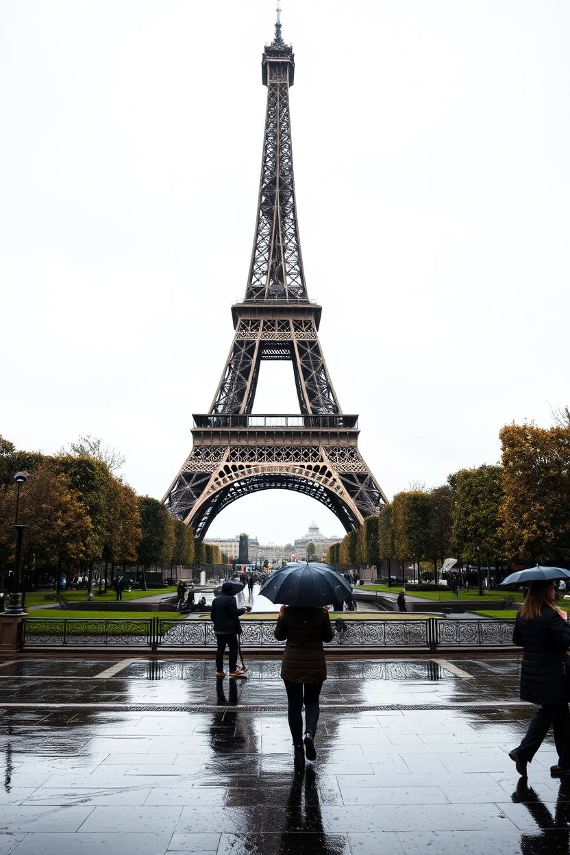 around Eiffel tower a few people with umbrella walking while it is raining and the Eiffel is seen complete