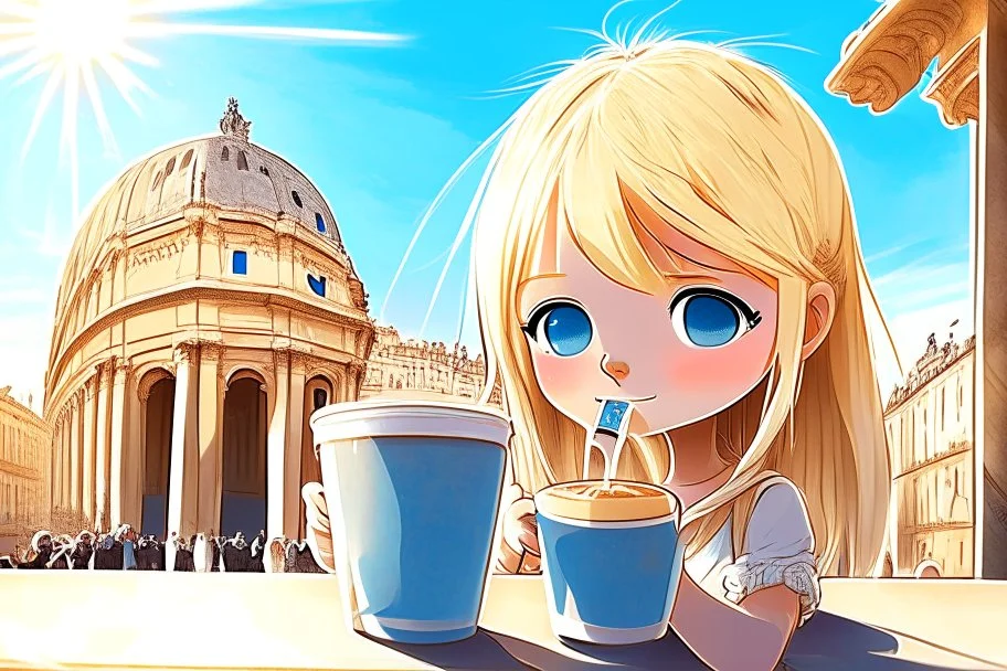 contented cute blonde blue eyed chibi girl drinking coffee in Rome in sunshine