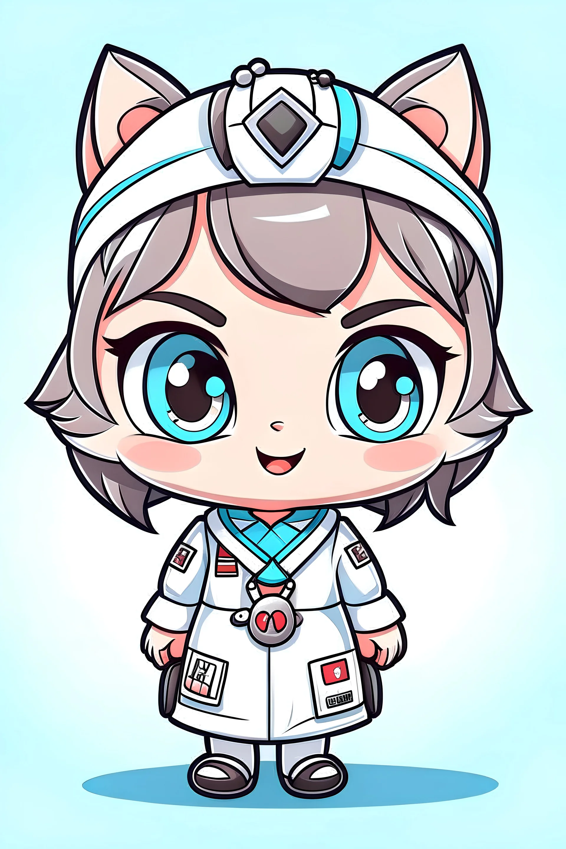 Design a chibi nurse kitty character with cute proportions and exaggerated features for a mobile gaming audience. Emphasize the character's small size, large head, and playful demeanor while maintaining a professional appearance suitable for a nurse. The character should stand on two feet and be dressed in a nurse's uniform, appealing to players who enjoy adorable and whimsical aesthetics. Exaggerate the character's head and facial features to enhance its cuteness and charm. Keep the body compa