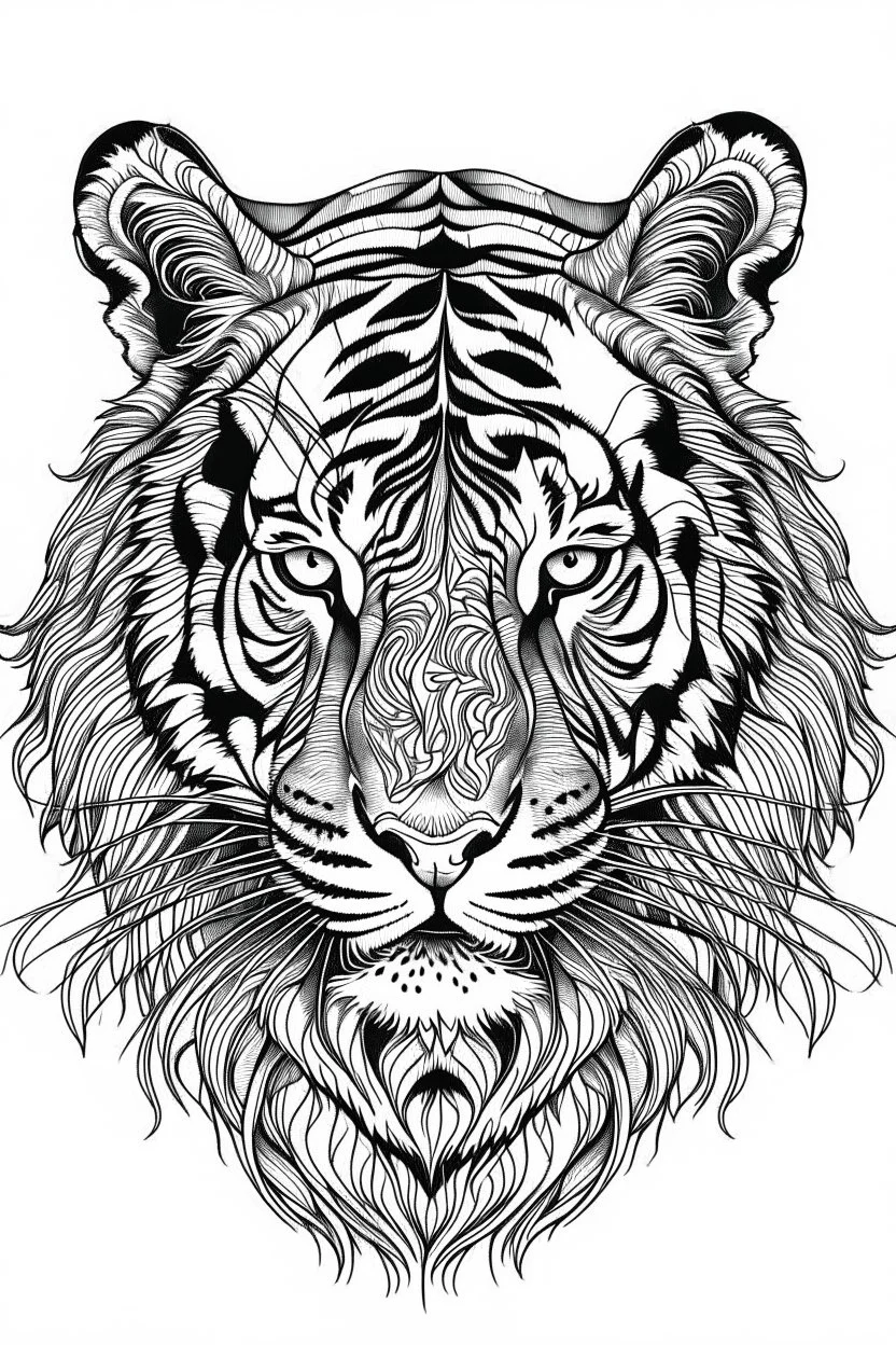 realistic tiger head tattoo idea, line art, background, vector, svg, black outline on white background, leave plenty of white space beetween lines for coloring, tattoo style, tattoo idea,full body, minimalist