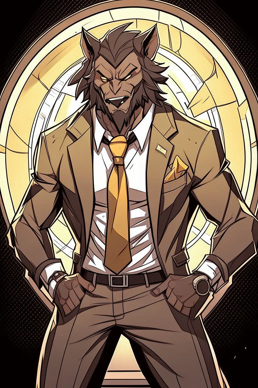 Buff, anthro, wolf, himbo, black fur, gold eyes, wearing a suit, full-body, muscles, strong, muscular, man boobs, bulky, tail, dark fur, smug grin, hands on hips, furry-himbo, broad shoulders, wide hips,