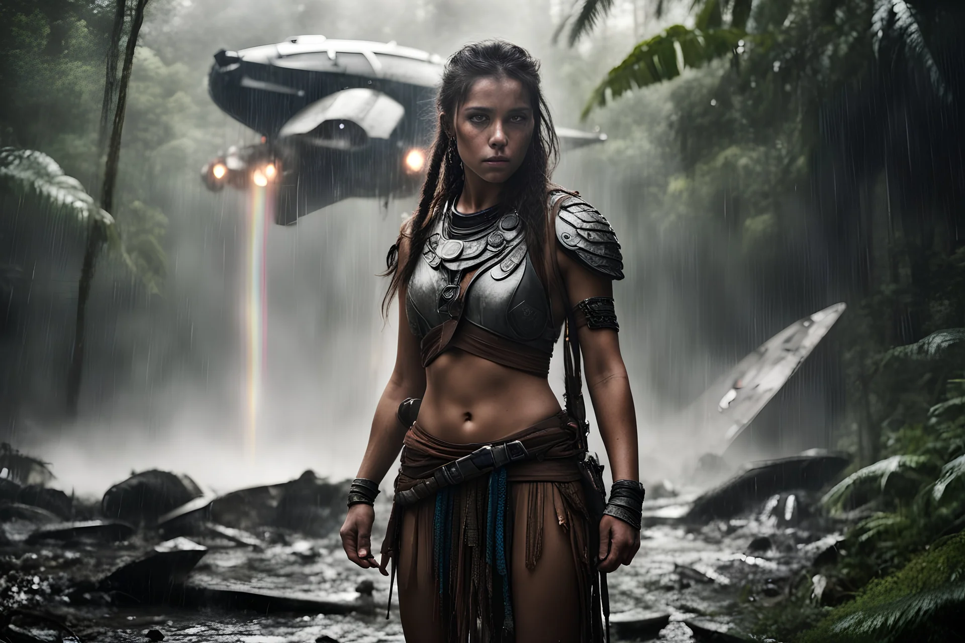 Photoreal Beautiful girl, tribal warrior, rainbow eyes, strong, sad, resilient, defiant, full body, rain forest, with family of 5 beside her, defending, Masterpiece, best quality, cinematic lighting, futuristic, standing in front of crashed spaceship, tough stance. forgotten realms fantasy style by lee jeffries, otherworldly creature, in the style of fantasy movies, shot on Hasselblad h6d-400c, zeiss prime lens, bokeh like f/0.8, tilt-shift lens, 8k, high detail, smooth render, HDR,