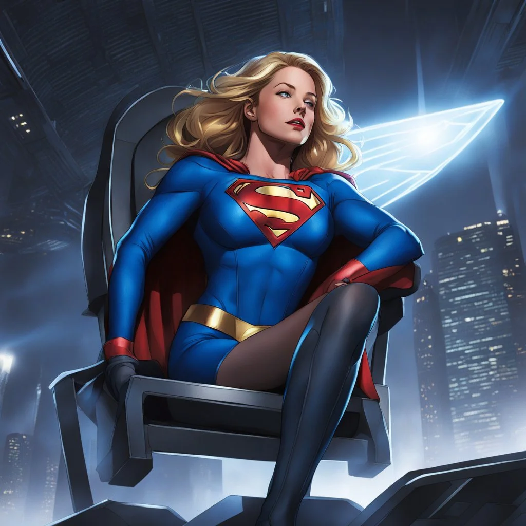 Supergirl relaxes on the chair, almost asleep, seen from below... Somewhere deep beneath Metropolis, the hum of alien tech pulses in time with her heartbeat… or what’s left of it. Supergirl slumps in the chair — proud posture gone, arms limp, lips parted. The headset glows faintly as ultrasonic frequencies designed by Brainiac infiltrate her mind, wave by wave."SUBMIT — PHASE 9 INITIATED," [vintage style noisy scratches glitches, Shot the texture and then rewound the film and double exposed fro