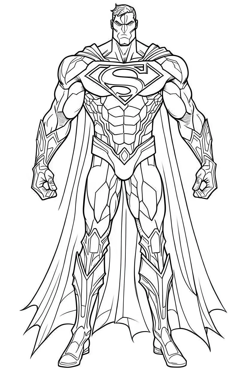 outline art An evolved Superman.Batman cinematic lighting, high resolution 3D render art coloring pages with witch, white background, Sketch style, full body, use outline, Mandala style, clean line art, white background, no shadows and clear and well