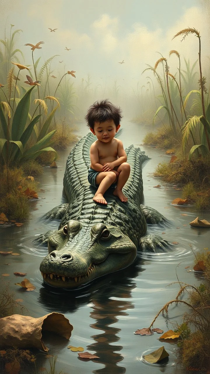 A small boy riding on a crocodile in water a forgotten battlefield overrun by vegetation, cutesy tiktok detailed oil painting, grainy, old style