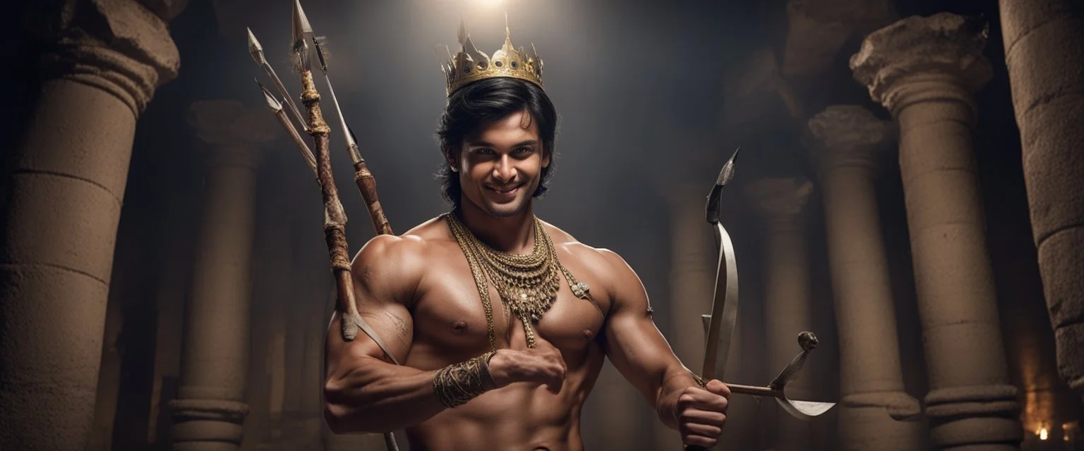 Hyper Realistic shirtless muscular handsome short black hair Indian King smiling wearing crown & holding bow & arrow in dark catacombs with traditional pillars at night