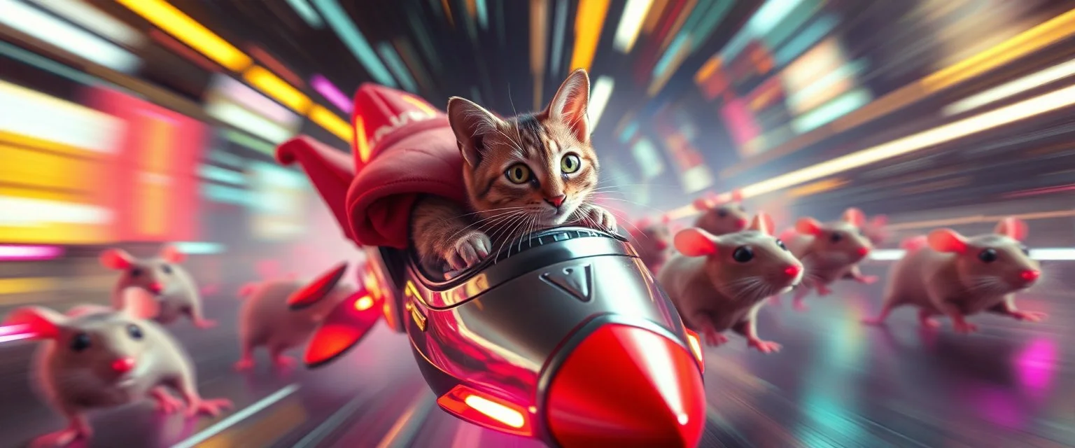 rocket ship cat captain in high speed pursuit among neon rats, with background motion blur