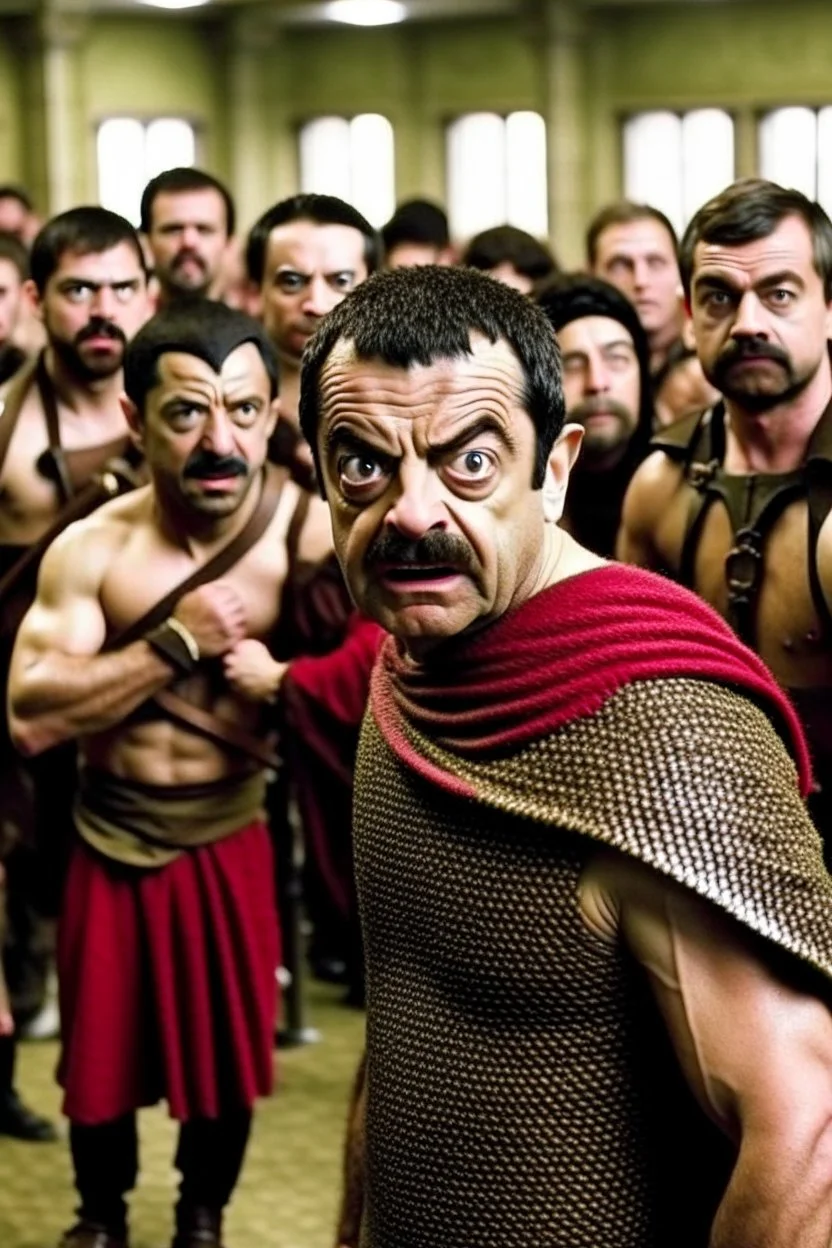 mr bean in "this is sparta" scene, kicking the emissary