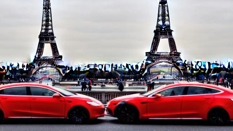 A Tesla's 'Model S Plaid' is racing at top speed, by the Eiffel Tower, in Paris. CINEMATIC. WIDE ANGLE LENS.