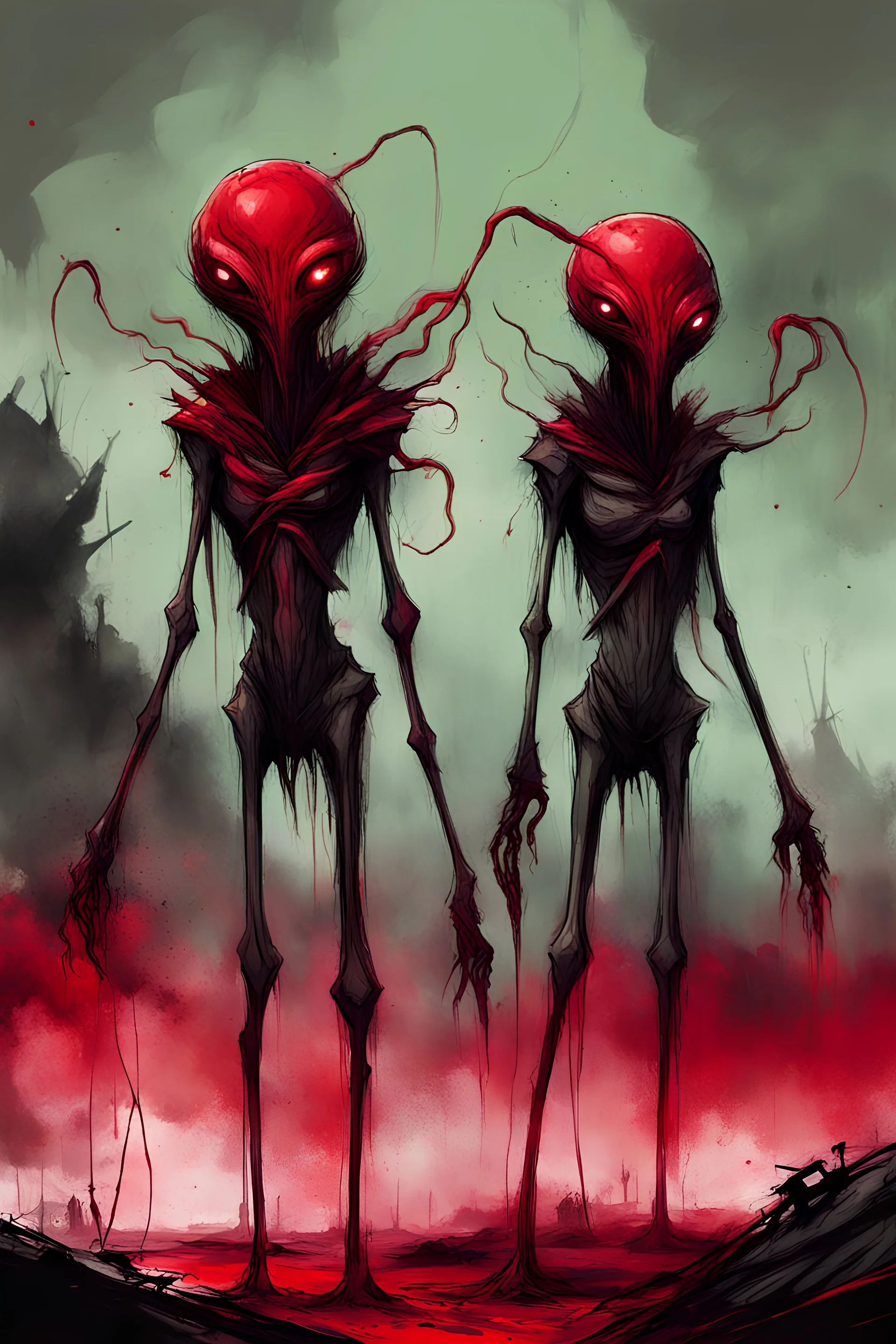 A sketch of the war of Thekea in the style of H G Sulzberg, alien hats with long legs and green eyes standing in red liquid on an apocalyptic battlefield, dark fantasy, digital art style, brush strokes, ink wash, horror, dark grey background, red highlights.