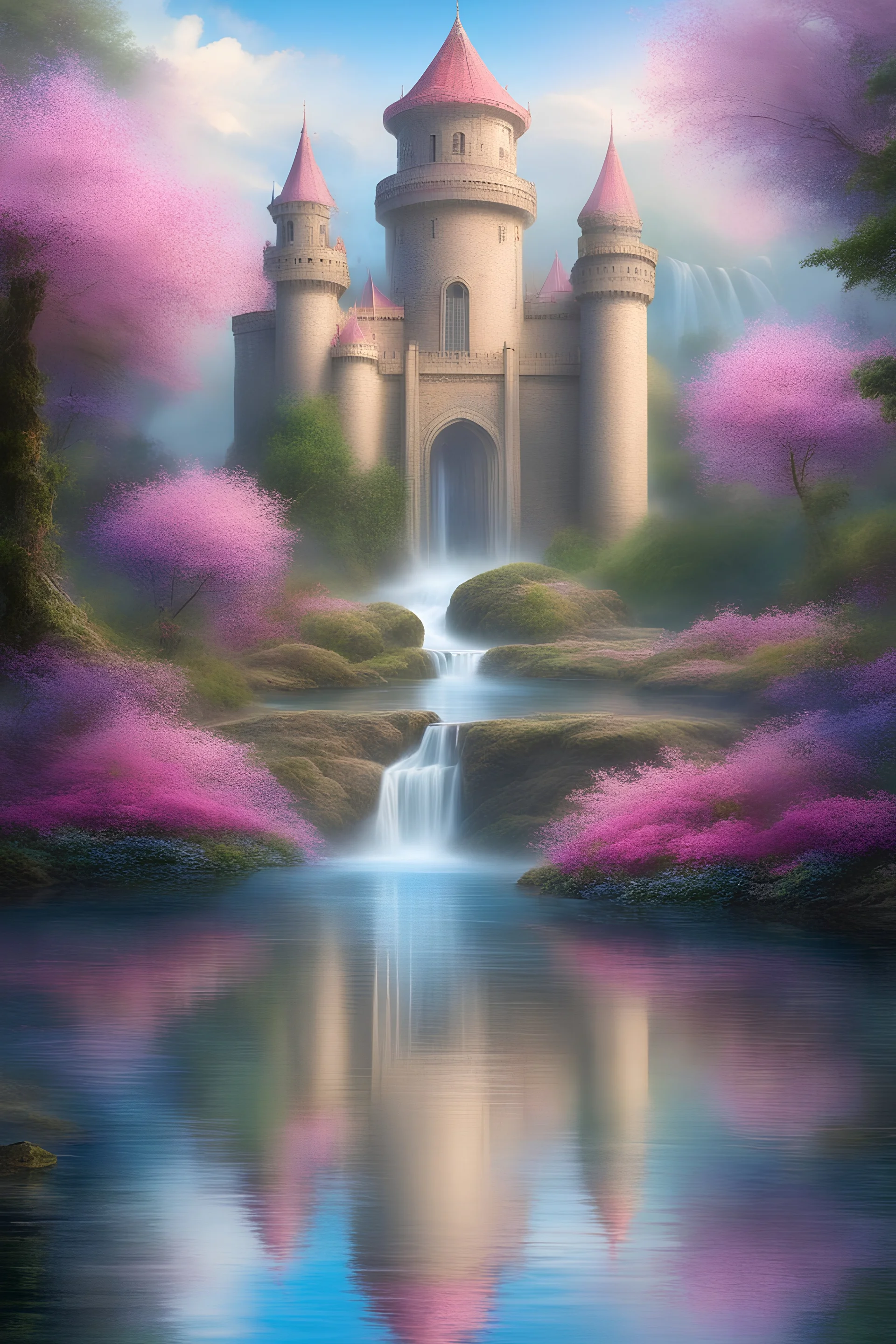 beautiful transparent cristal castle, pink flowers, pure harmony, lake, falls, galactic, magic, transcendent, goodness, divine, butterflies, cascade