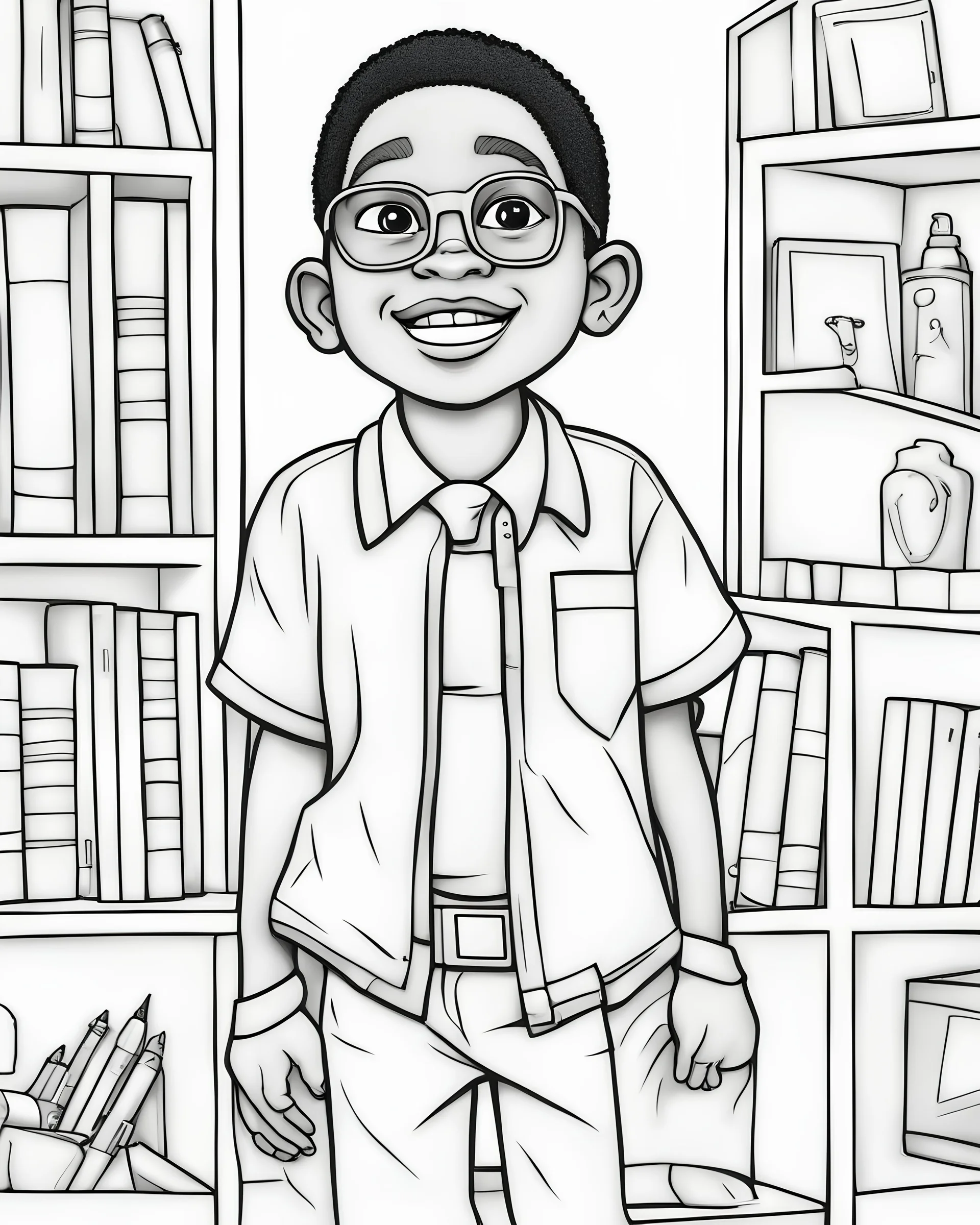 coloring page, depicting a black kid as a doctro, full body, outline, black and white, highly defined, white background, empty background, cartoon style, coloring book style