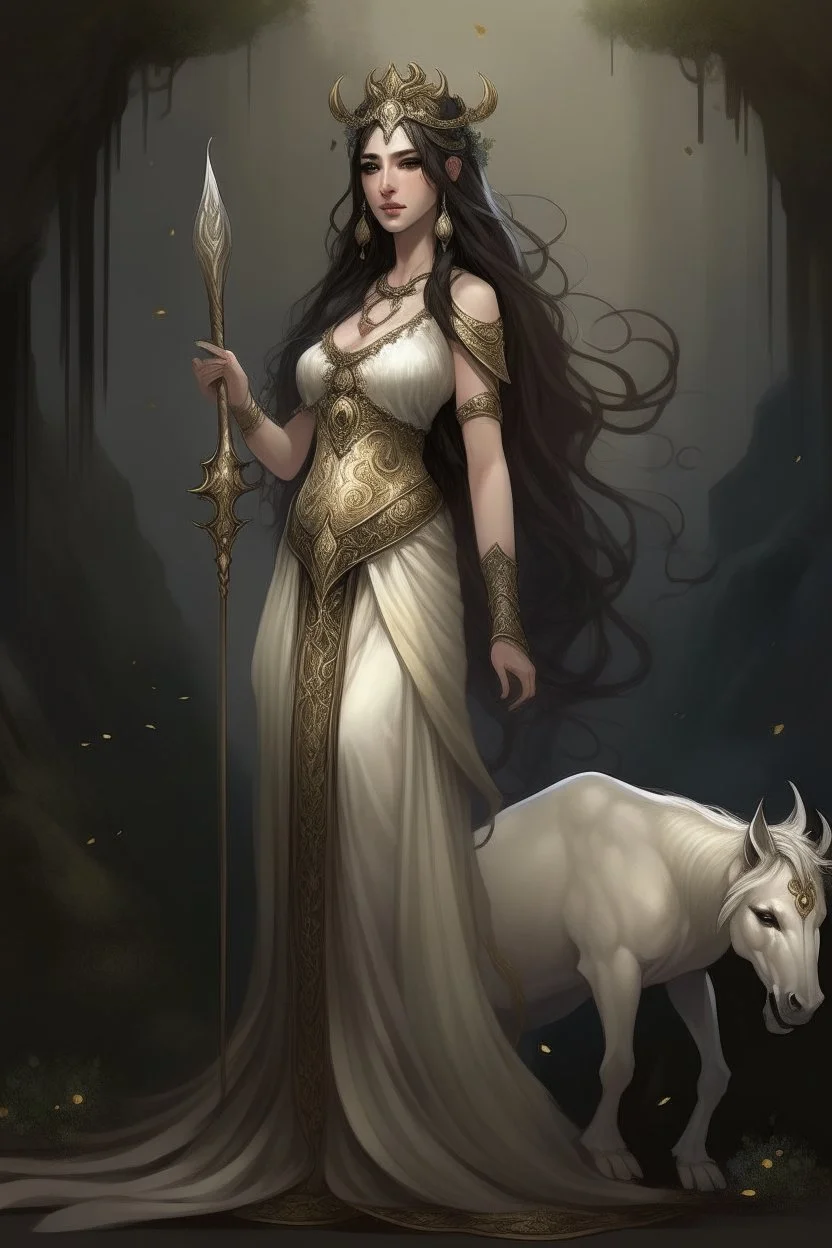 full body portrait of Cynara, the antagonist of a youth fantasy novel; she is a patron but became mean after a stroke of faith, she is beautiful, her patron animal is a unicorn, her stone is an auralith, her best friend is Elysia who is the light of life, Cynara has long dark hair, her appearance is like a greek goddess,