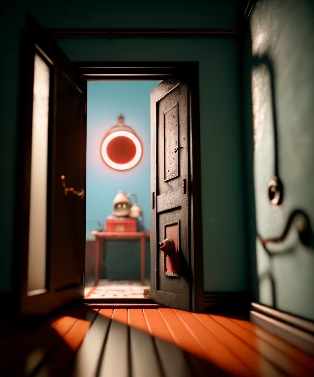 Wes Anderson photographer, night, monster peeking behind the ajar door, Ultra realistic, punk style, wide angle view, soft color, highly detailed, unreal engine 5, ray tracing, RTX, lumen lighting, ultra detail, volumetric lighting, 3d, finely drawn, high definition.